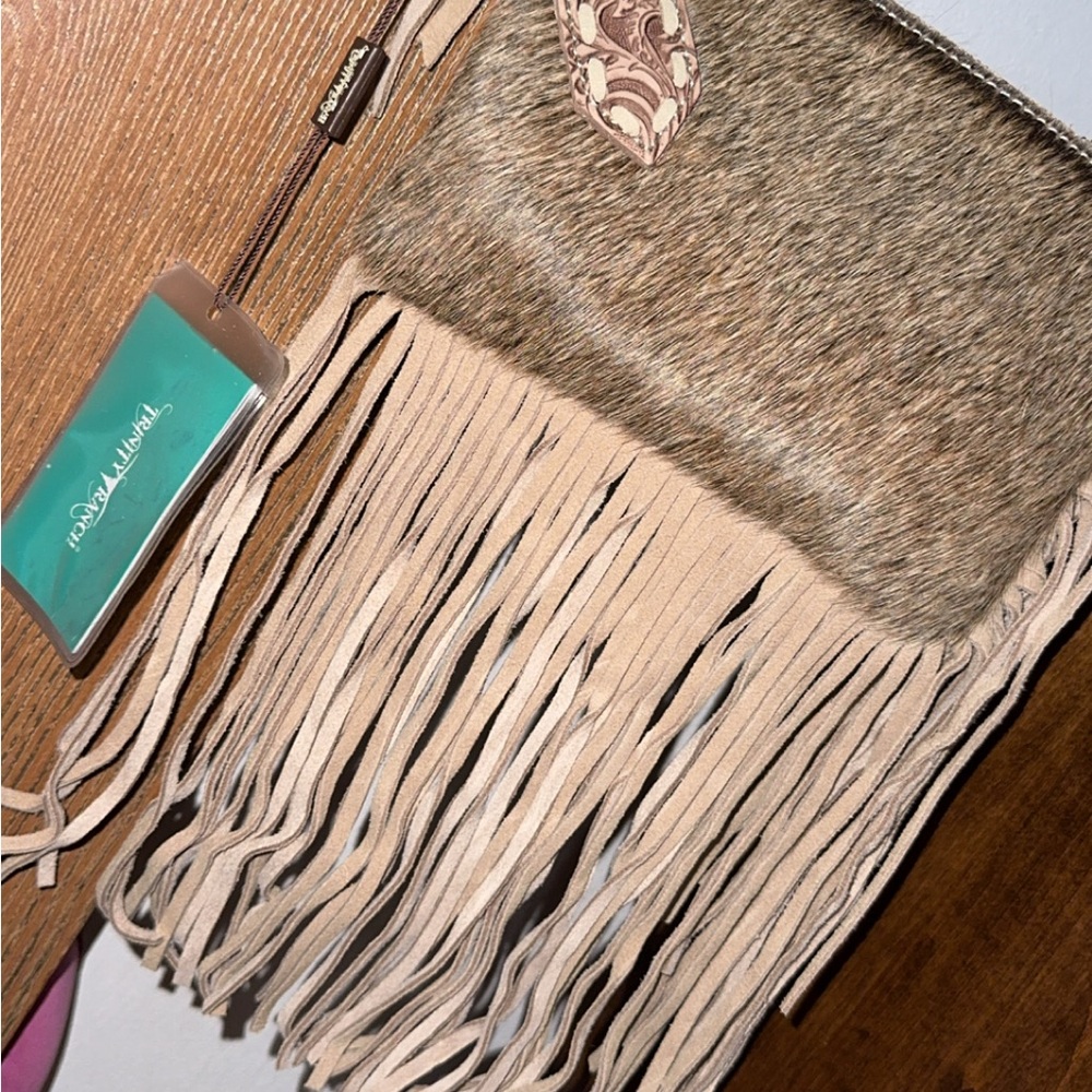 Brown and Cream Clutch with Fringe and Textured Finish